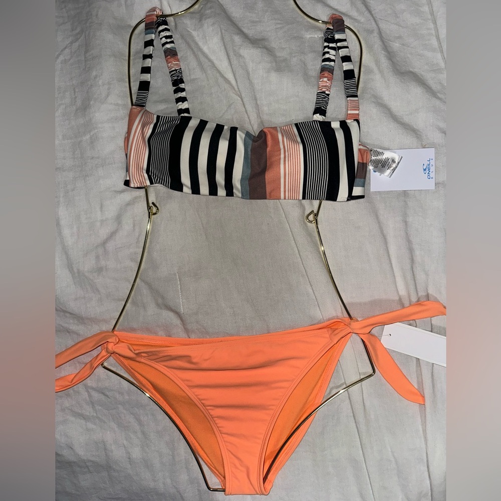 Striped Bikini Top and Orange Bottoms- O’Neil top, Salt&Cove bottom
